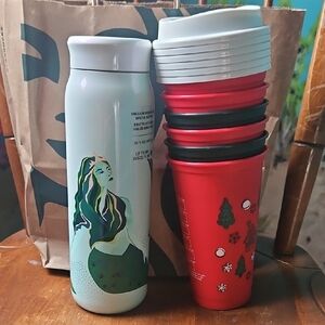 Starbucks White and Red Thermos with Cup Set